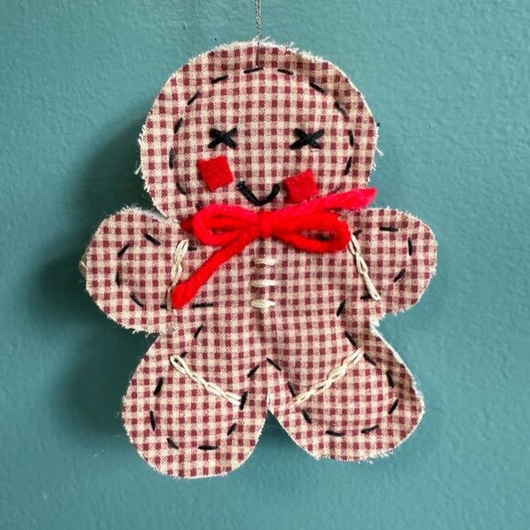 Set Of 5 Vintage Handmade Gingham Gingerbread Man Fabric Ornaments With Bows & S - Picture 5 of 9
